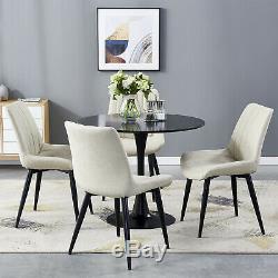 Retro Dining Table and 4 Distressed Chairs Faux Leather Black Legs Kitchen Sets