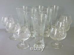 Retro MCM Drinking Glass Set 6 Highball & 6 Snifter Vintage Floral Fern Etch