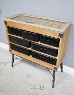 Retro Side Cabinet Vintage Industrial Chest Drawers Glass Metal Display Cabinet
