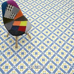 Retro Vintage Blue Yellow Tile Vinyl Floor 2m & 3m Wide Bathroom/Hall/Kitchen