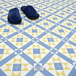 Retro Vintage Blue Yellow Tile Vinyl Floor 2m & 3m Wide Bathroom/Hall/Kitchen