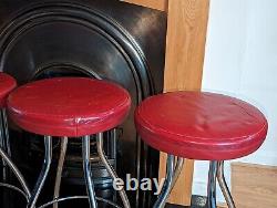 Retro Vintage Mid Century Style Leather & Chrome Breakfast Bar Stools Red x 4