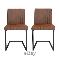 Retro Vintage Tan Leather Pair Dining Chairs Metal Cantilever Industrial Kitchen