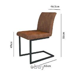 Retro Vintage Tan Leather Pair Dining Chairs Metal Cantilever Industrial Kitchen