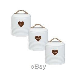 Retro Vintage White Enamel Tea Coffee Sugar Canisters Jars Set Copper Heart Jars