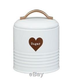 Retro Vintage White Enamel Tea Coffee Sugar Canisters Jars Set Copper Heart Jars