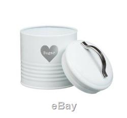 Retro Vintage White Enamel Tea Coffee Sugar Canisters Jars Set Silver Heart Jars