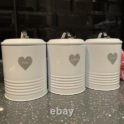 Retro Vintage white enamel Tea Coffee Sugar canisters jars Set silver heart jars