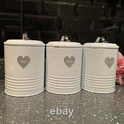 Retro Vintage white enamel Tea Coffee Sugar canisters jars Set silver heart jars