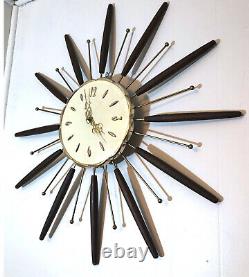 Robert Shaw MCM Danish Starburst Sputnik Teak Wall Clock Vintage 27