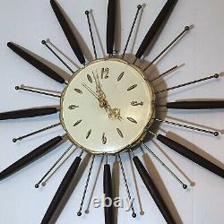 Robert Shaw MCM Danish Starburst Sputnik Teak Wall Clock Vintage 27