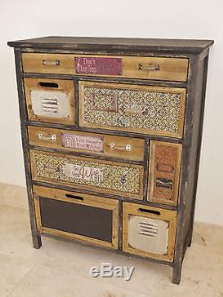 Rustic Colourful Wooden Cabinet 8 Drawer Storage Compartment Vintage Text Plates