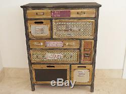 Rustic Colourful Wooden Cabinet 8 Drawer Storage Compartment Vintage Text Plates