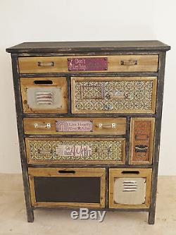 Rustic Colourful Wooden Cabinet 8 Drawer Storage Compartment Vintage Text Plates