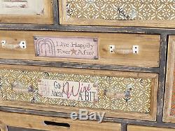 Rustic Colourful Wooden Cabinet 8 Drawer Storage Compartment Vintage Text Plates