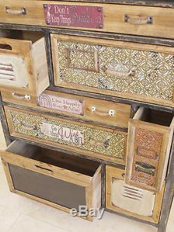 Rustic Colourful Wooden Cabinet 8 Drawer Storage Compartment Vintage Text Plates