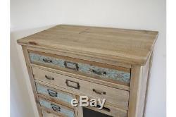 Rustic Tall Wood Multi Drawer Cabinet / Chest Vintage Text Plates / Chalk Board