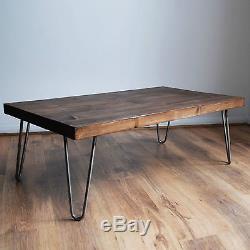 Rustic Vintage Industrial Solid Wood Coffee Table-Bare Metal Hairpin Legs, Dark