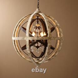 Rustic Weathered Wooden Globe 3-Light Chandelier with Crystal for Living Room