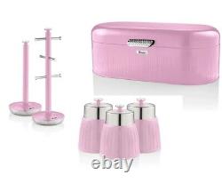 SWAN New Retro Pink Kitchen Set Bread Bin, 3 Canisters & Mug Tree Set RRP £87.97