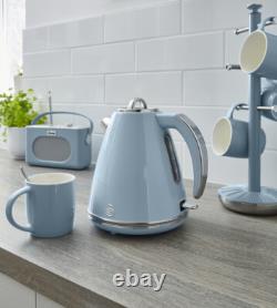 SWAN Retro Blue & Chrome Jug Kettle & 4 Slice Toaster Vintage Kitchen Set