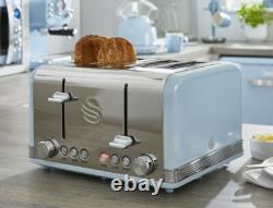 SWAN Retro Blue & Chrome Jug Kettle & 4 Slice Toaster Vintage Kitchen Set