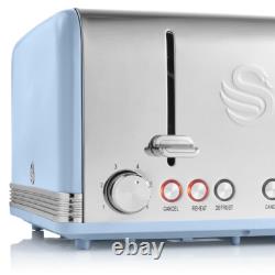 SWAN Retro Blue & Chrome Jug Kettle & 4 Slice Toaster Vintage Kitchen Set