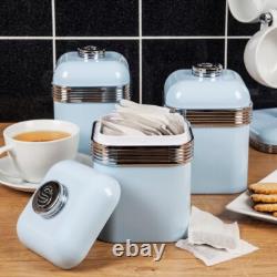 SWAN Retro Blue Jug Kettle 2 Slice Toaster Microwave Bread Bin & Canisters Set