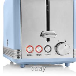 SWAN Retro Blue Jug Kettle 2 Slice Toaster Microwave Bread Bin & Canisters Set