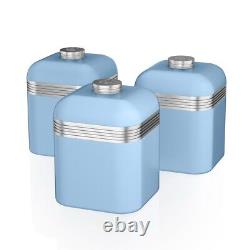 SWAN Retro Blue Jug Kettle 2 Slice Toaster Microwave Bread Bin & Canisters Set