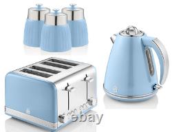 SWAN Retro Blue Jug Kettle, 4 Slice Toaster & 3 Canisters Vintage Kitchen Set