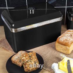 SWAN Retro Breadbin, Canisters, Mug Tree & Towel Pole Black/Chrome Kitchen Set