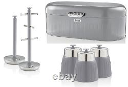 SWAN Retro Grey Bread Bin Canisters Mug Tree Towel Pole Kitchen Storage Set
