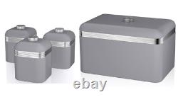 SWAN Retro Grey Breadbin & Tea, Coffee, Sugar Canisters Kitchen Storage Set