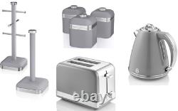 SWAN Retro Grey Jug Kettle 2 Slice Toaster Canisters Mug Tree & Towel Pole Set