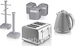 SWAN Retro Grey Jug Kettle 4 Slice Toaster Canisters Mug Tree & Towel Pole Set
