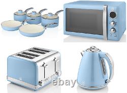 SWAN Retro Jug Kettle 4 Slice Toaster Microwave & 5 Piece Pan Set Vintage Blue