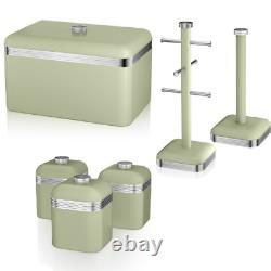 SWAN Retro Kitchen Storage Set Green Breadbin, Canisters, Mug Tree & Towel Pole