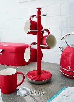 SWAN Retro Red Kitchen Accessories Bread Bin Canisters Mug Tree Towel Pole Set