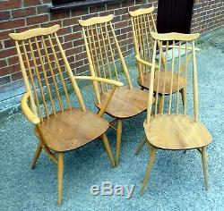 Set 4 vintage 1960s original Ercol Goldsmith solid elm dining kitchen chairs