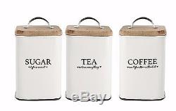 Set Of 3 Sugar Tea Coffee Canister Set Retro Wooden Gift LID Storage White Tin