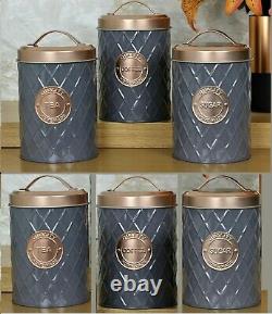 Set Of 3 Tea Coffee Sugar Canisters Copper Grey Kitchen Storage Jars Air Tight