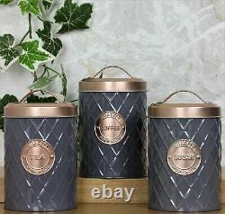 Set Of 3 Tea Coffee Sugar Canisters Copper Grey Kitchen Storage Jars Air Tight