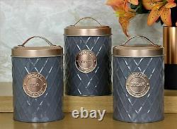 Set Of 3 Tea Coffee Sugar Canisters Copper Grey Kitchen Storage Jars Air Tight
