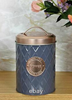 Set Of 3 Tea Coffee Sugar Canisters Copper Grey Kitchen Storage Jars Air Tight