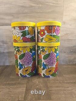 Set Of 4 Ballonoff 1970's Vintage Retro Tin Kitchen Canister Flower Power Mod