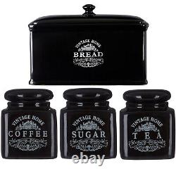 Set Of 4 Black Ceramic Vintage Tea Sugar Coffee Jars Storage Canisters Bread Bin