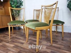 Set Of 4 Vintage Mid-Century Scandinavian Beech & Green Velour Dining Chairs MCM