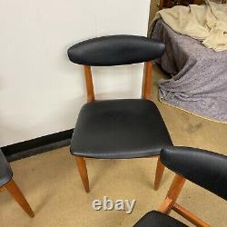 Set Of 4 Vintage Retro Schreiber Danish Dining Chairs Teak/black Vinyl