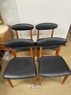 Set Of 4 Vintage Retro Schreiber Danish Dining Chairs Teak/black Vinyl